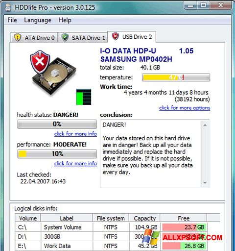 स्क्रीनशॉट HDDlife Windows XP
