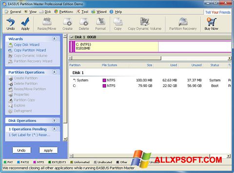 स्क्रीनशॉट EASEUS Partition Master Windows XP