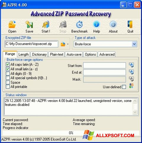स्क्रीनशॉट Advanced Archive Password Recovery Windows XP