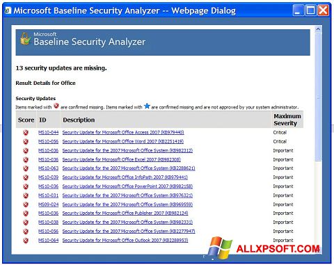 स्क्रीनशॉट Microsoft Baseline Security Analyzer Windows XP
